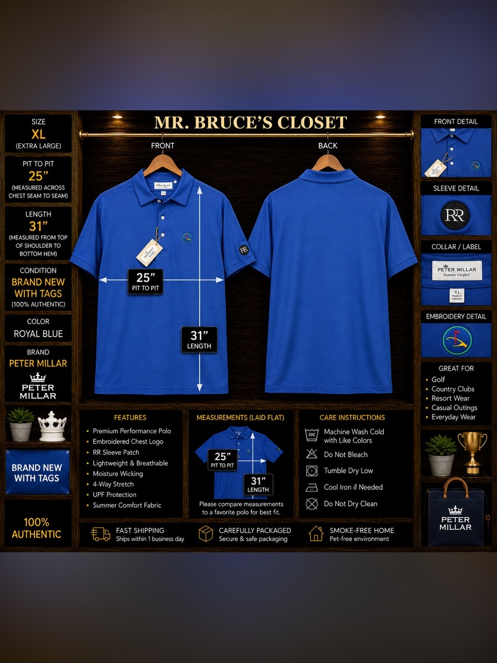 Peter Millar Royal Blue Men's Golf Polo with Embroidered Logo